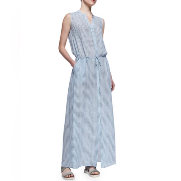 VINCE ~ Button-Front Silk Maxi Dress, Blue - Picture 1 of 6